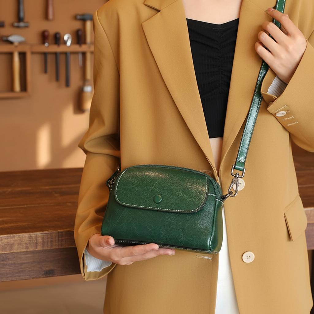 Mini Genuine Leather Crossbody Bag for Women – Vintage Cowhide Phone Shoulder Purse, Small Everyday Leather Handbag