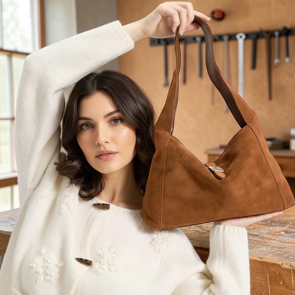 Natural Suede Leather Shoulder Bag for Women – Soft Cowhide Hobo Purse
