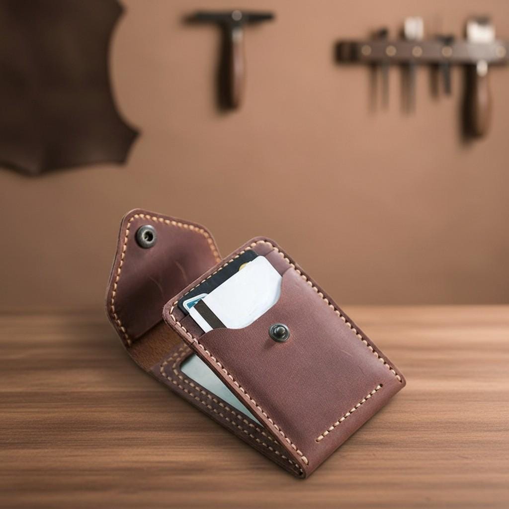 Leather Card Holder Wallet – Handmade Genuine Cowhide ID & Credit Card Case with Snap Closure, Slim Unisex Wallet