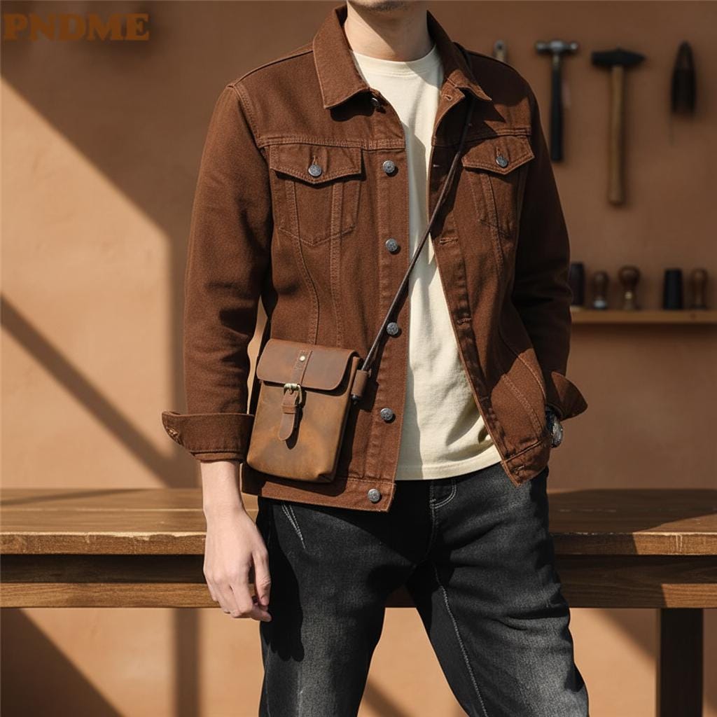 Vintage Crazy Horse Leather Mini Crossbody Bag for Men – Genuine Cowhide Small Shoulder Phone Messenger Bag Brown