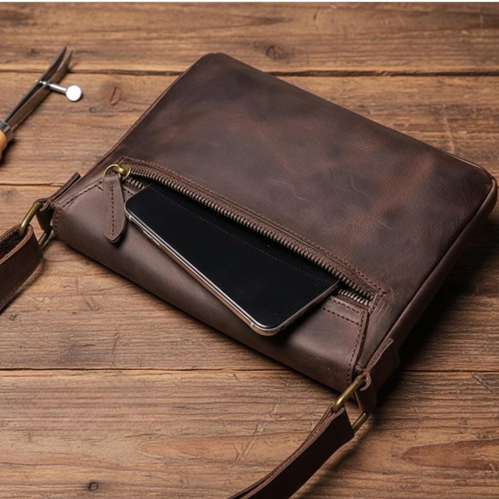 Leather Crossbody Bag for Men – Brown Vintage Cowhide Shoulder Satchel for 7.9" iPad & Everyday Carry