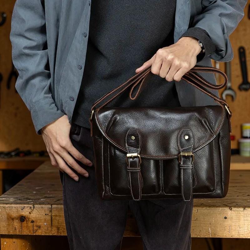 Leather Messenger Bag for Men, Large Capacity Shoulder Bag, Genuine Leather Satchel, Vintage Crossbody Bag, Commuter Work Bag, Gift for Him