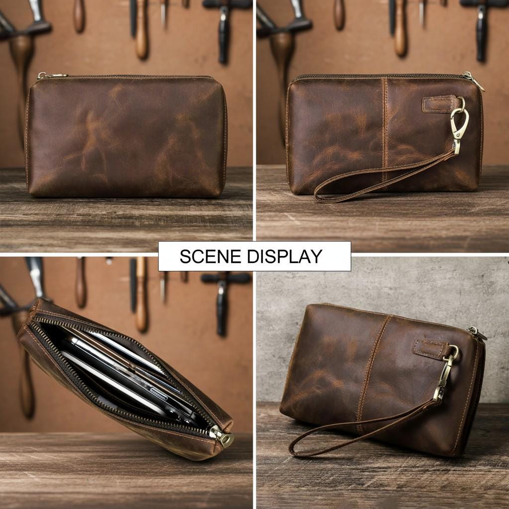 Genuine Leather Clutch Wallet for Men – Crazy Horse Brown Zipper Long Wallet with Card Slots & Wrist Strap