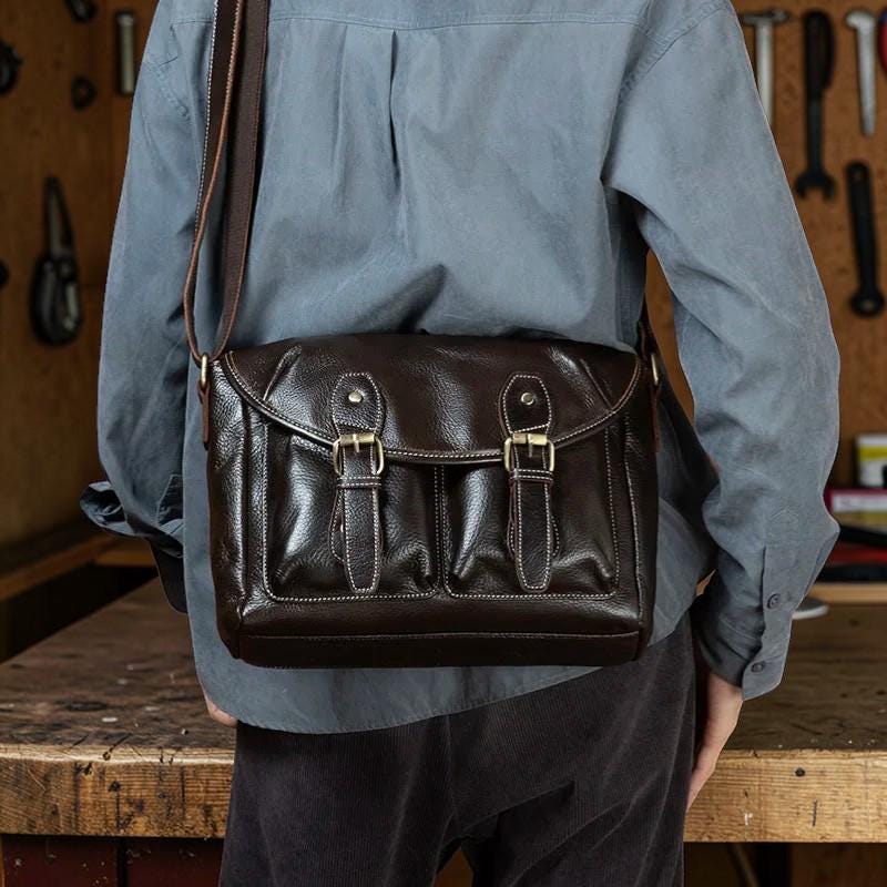 Leather Messenger Bag for Men, Large Capacity Shoulder Bag, Genuine Leather Satchel, Vintage Crossbody Bag, Commuter Work Bag, Gift for Him