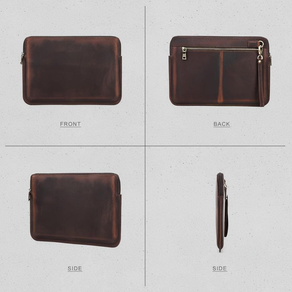 Leather Laptop Sleeve 13.3" 15.6" – Brown Zipper MacBook Pro Air Case with Wrist Strap & Front Pockets