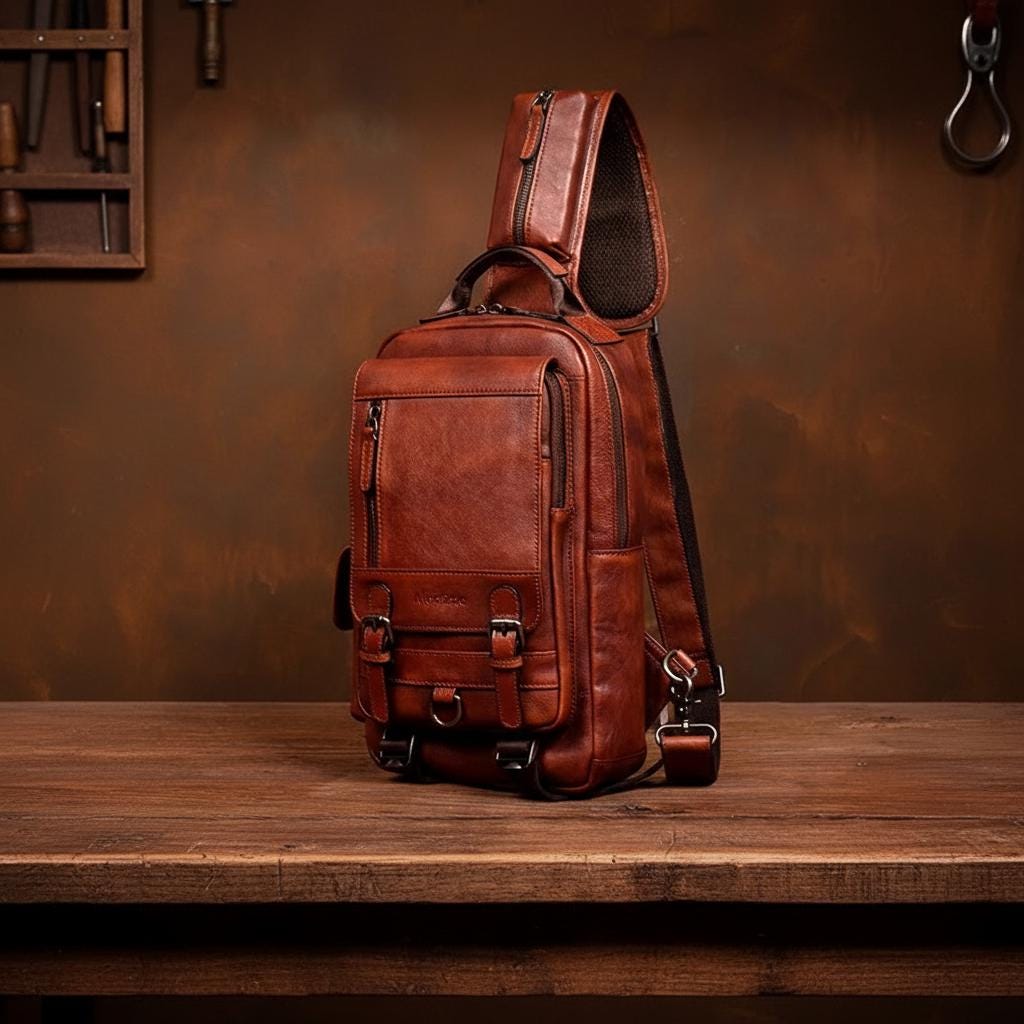 Men's Genuine Leather Chest Bag, Vintage Sling Crossbody Backpack, Cowhide Single Shoulder Bag, Casual Everyday Travel Pack