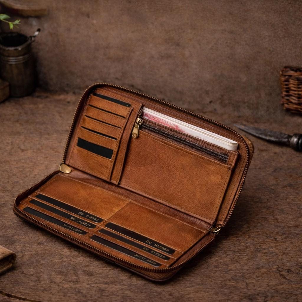 Vintage Full Grain Leather Long Wallet for Men – Zipper Clutch Cowhide Organizer with Card Slots & Coin Pocket, Brown Handmade Style