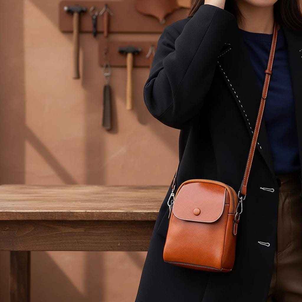 Compact Vertical Leather Crossbody Bag – Genuine Cowhide Phone Shoulder Purse with Flap Pocket for Women