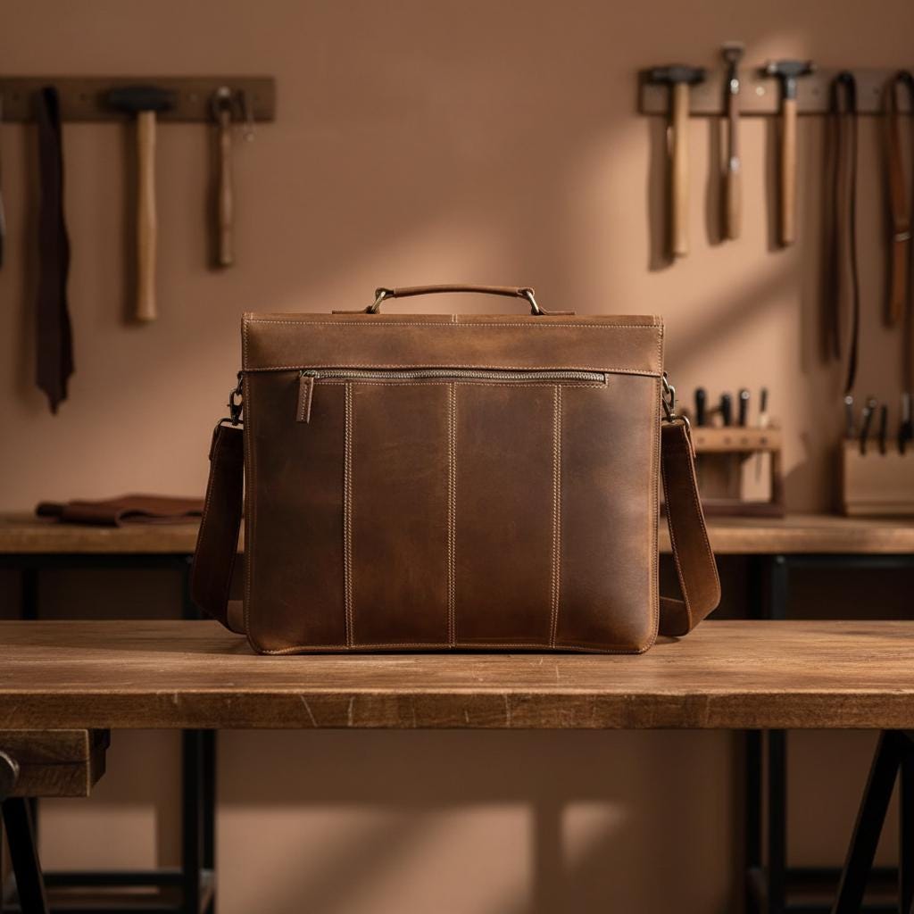 Vintage Crazy Horse Leather Briefcase 15 Inch Laptop Bag, Genuine Cowhide Business Messenger Bag, Brown Office Shoulder Tote for Men