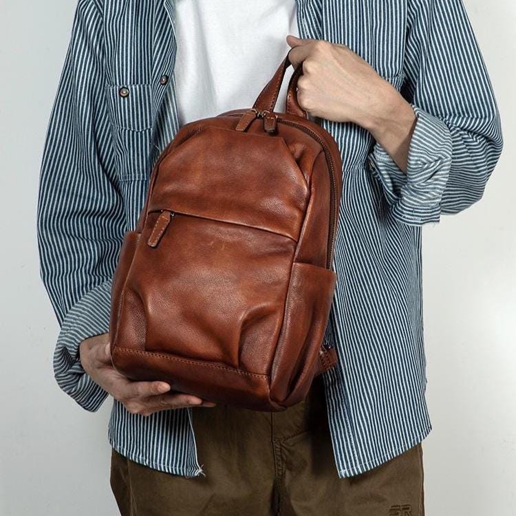 Men’s Genuine Leather Chest Bag – Vintage Sling Backpack, Crossbody Backpack, Large Capacity Cowhide Shoulder Bag for Travel