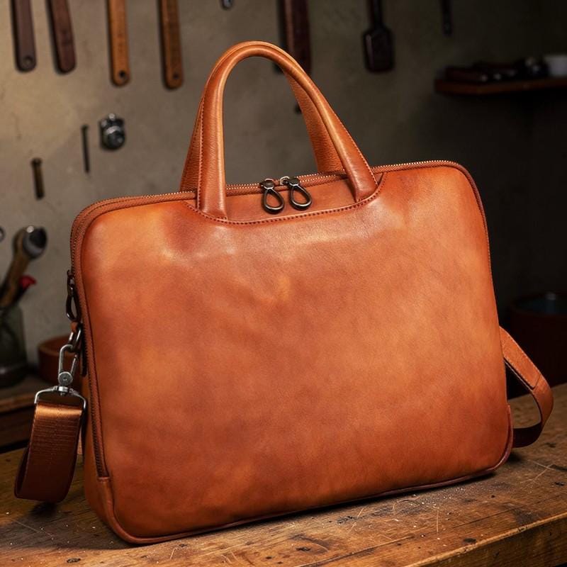 Leather Briefcase for Men, Vegetable Tanned Laptop Bag, Genuine Leather Business Bag, Professional Work Satchel, Vintage Office Attache