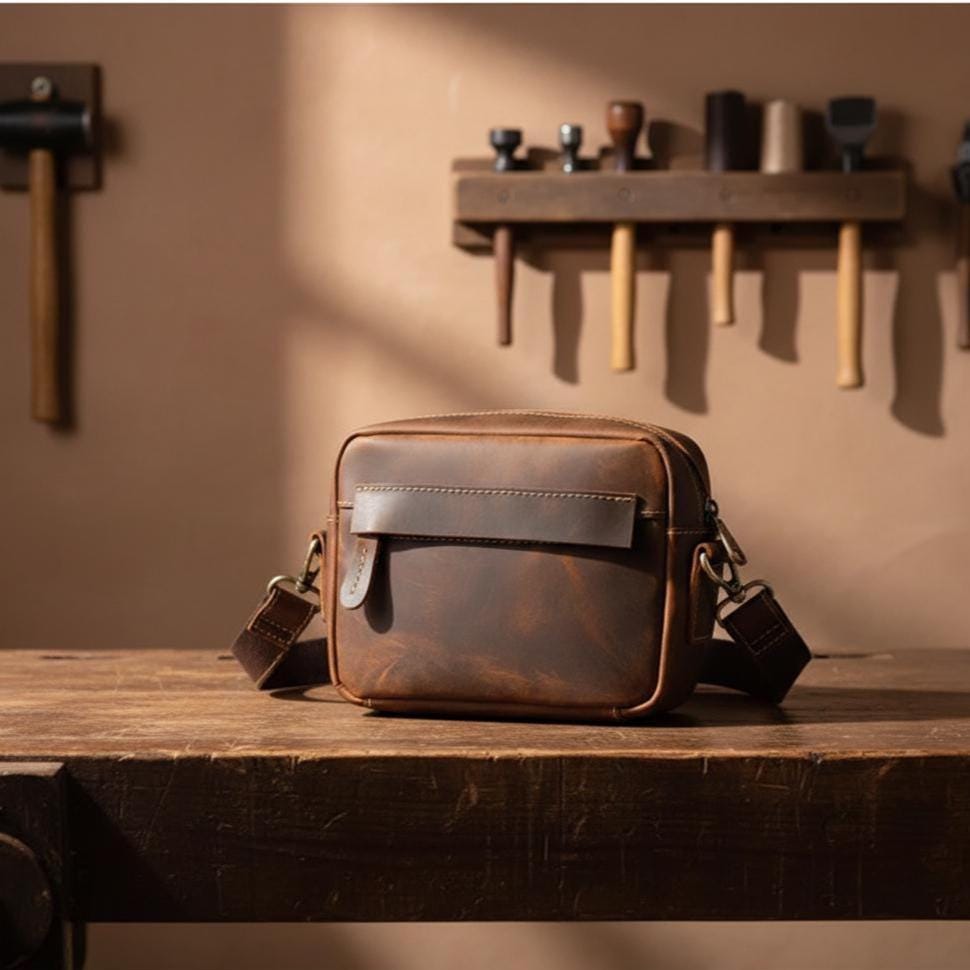 Vintage Crazy Horse Leather Crossbody Bag for Men – Small Genuine Cowhide Organizer Shoulder Bag, Brown Everyday Travel Satchel