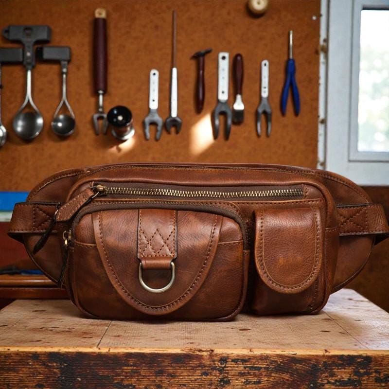 Vegetable Tanned Leather Chest Bag, Men's Crossbody Waist Pack, Vintage Leather Fanny Pack, Rustic Shoulder Sling Bag, Travel Hip Bag