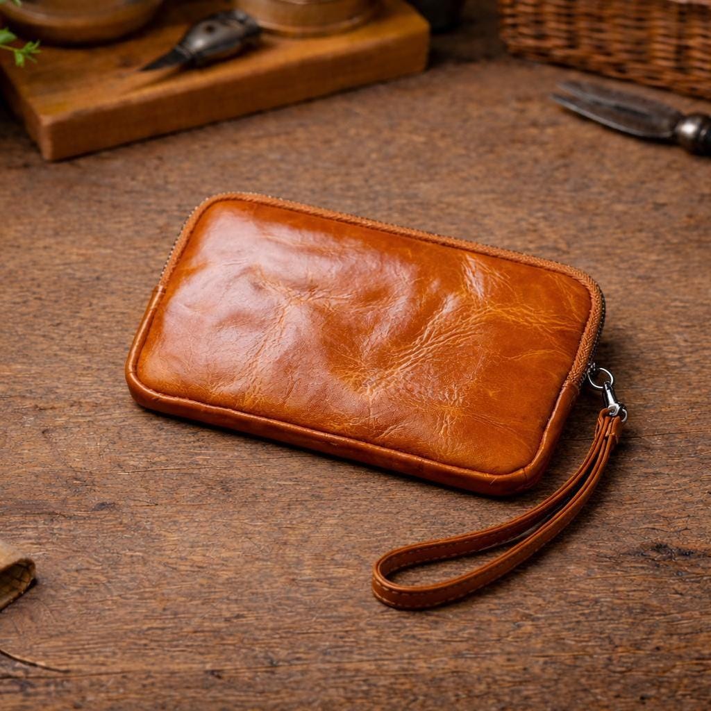 Vintage Genuine Leather Long Wallet for Men & Women – Top Layer Cowhide Zipper Clutch, Phone Pocket Card Holder