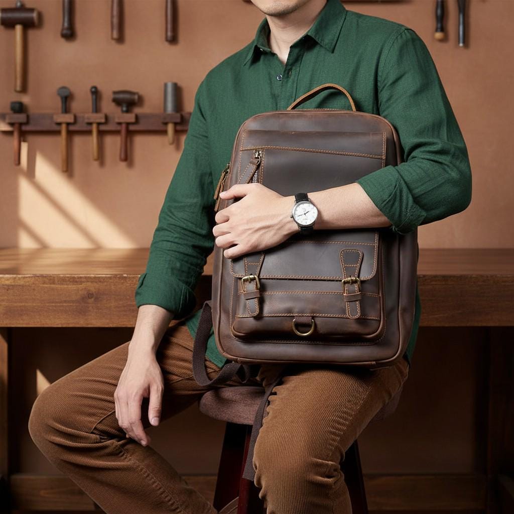 Genuine Leather Laptop Backpack 15.6" – Dark Brown Crazy Horse Vintage Work & Travel Rucksack
