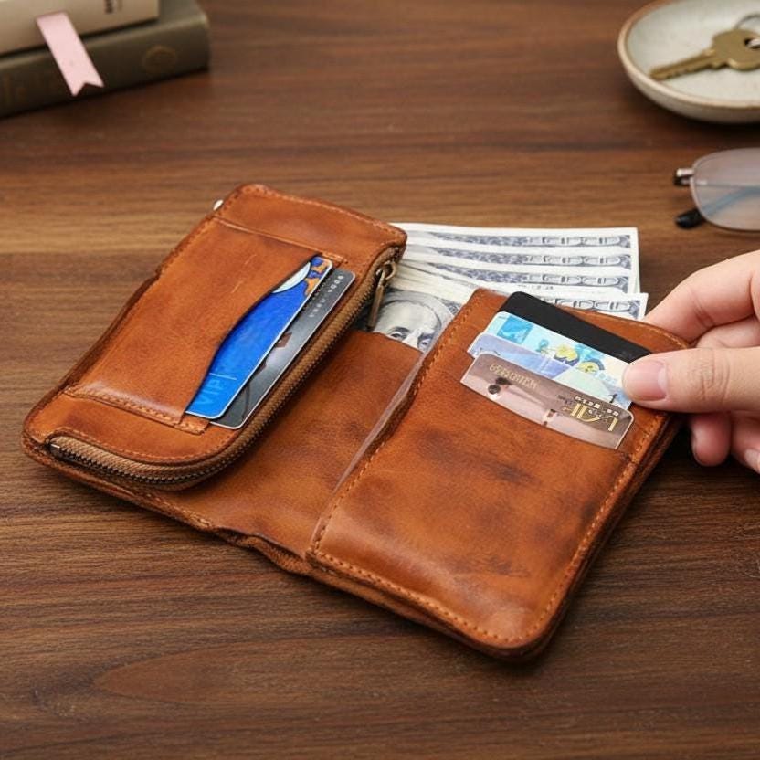 Genuine Leather Women’s Wallet Vintage Cowhide Short Bifold Wallet With Zipper Coin Pocket Handmade Style