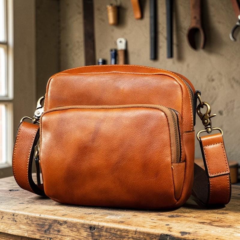 Men's Genuine Leather Crossbody Bag – Small Shoulder Messenger Bag, First Layer Cowhide Phone Bag, Vintage Everyday Travel Purse