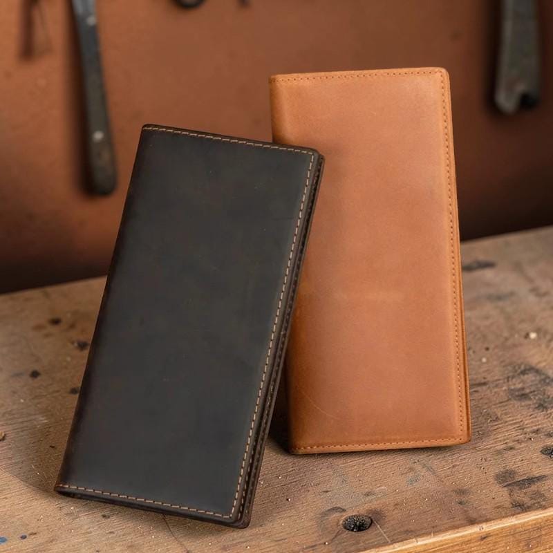 Men’s Genuine Leather Long Wallet – Crazy Horse Cowhide Bifold Wallet, Slim Card Holder, Vintage Leather Wallet for Men