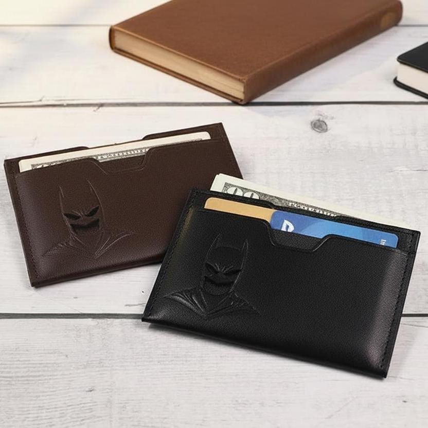 Slim Genuine Leather Card Holder Wallet for Men – Superhero Embossed Front Pocket Minimalist Mini Wallet, Full Grain Leather