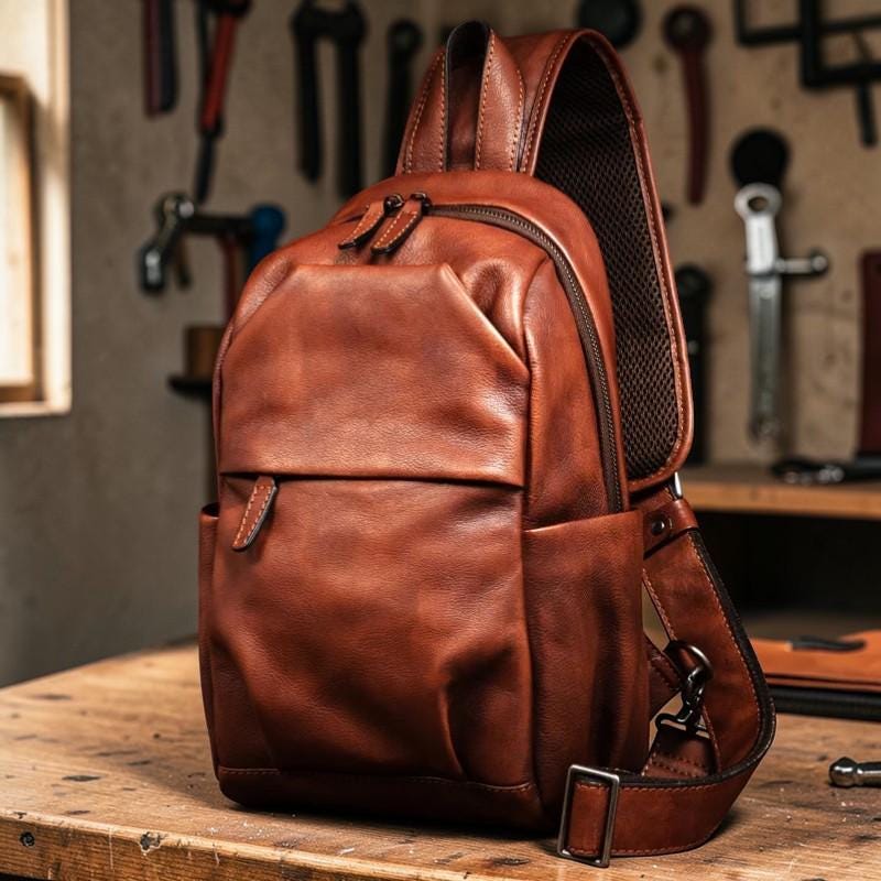 Men’s Genuine Leather Chest Bag – Vintage Sling Backpack, Crossbody Backpack, Large Capacity Cowhide Shoulder Bag for Travel