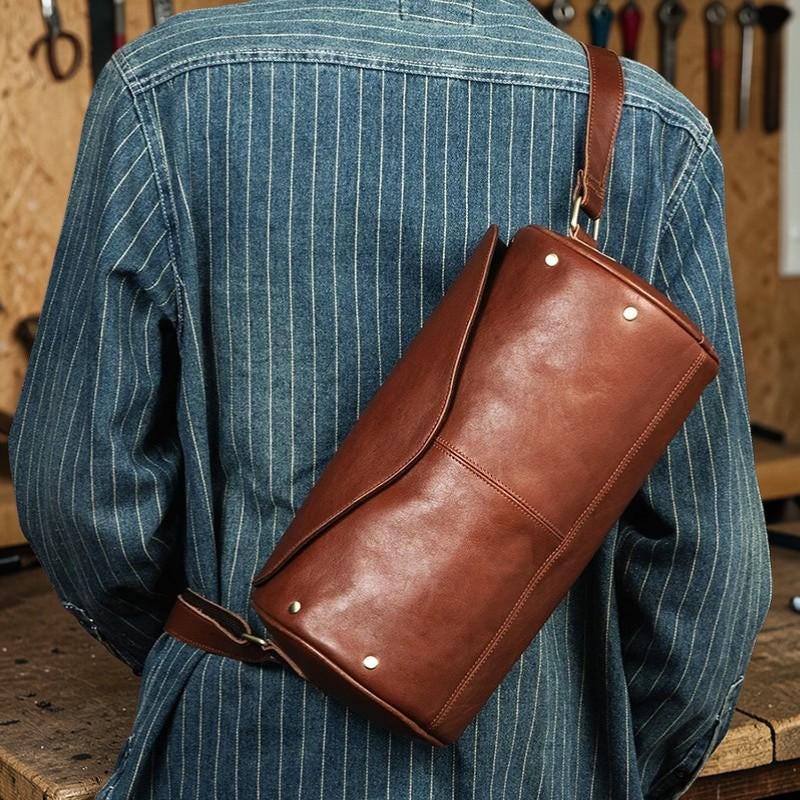 Leather Sling Bag for Men, Vintage Crossbody Backpack, Genuine Leather Chest Bag, Casual Travel Daypack, Motorcycle Bag