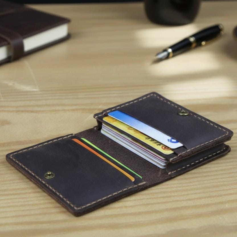 Genuine Leather Men Card Wallet, Crazy Horse Leather Slim Bifold Wallet, Vintage Minimalist Credit Card Holder