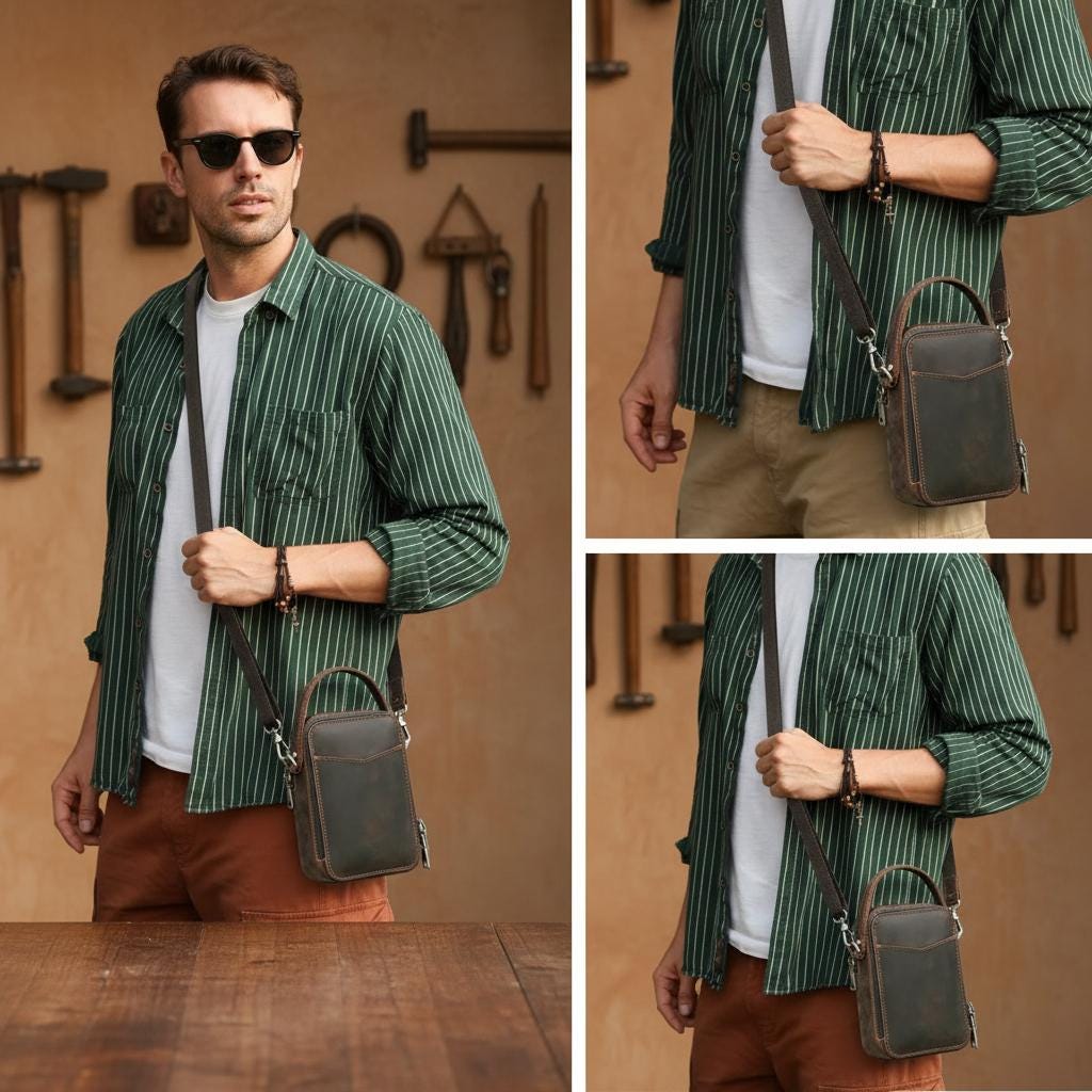 Leather Men's Crossbody Bag, Vintage Small Shoulder Phone Bag, Designer Cowhide Casual Satchel