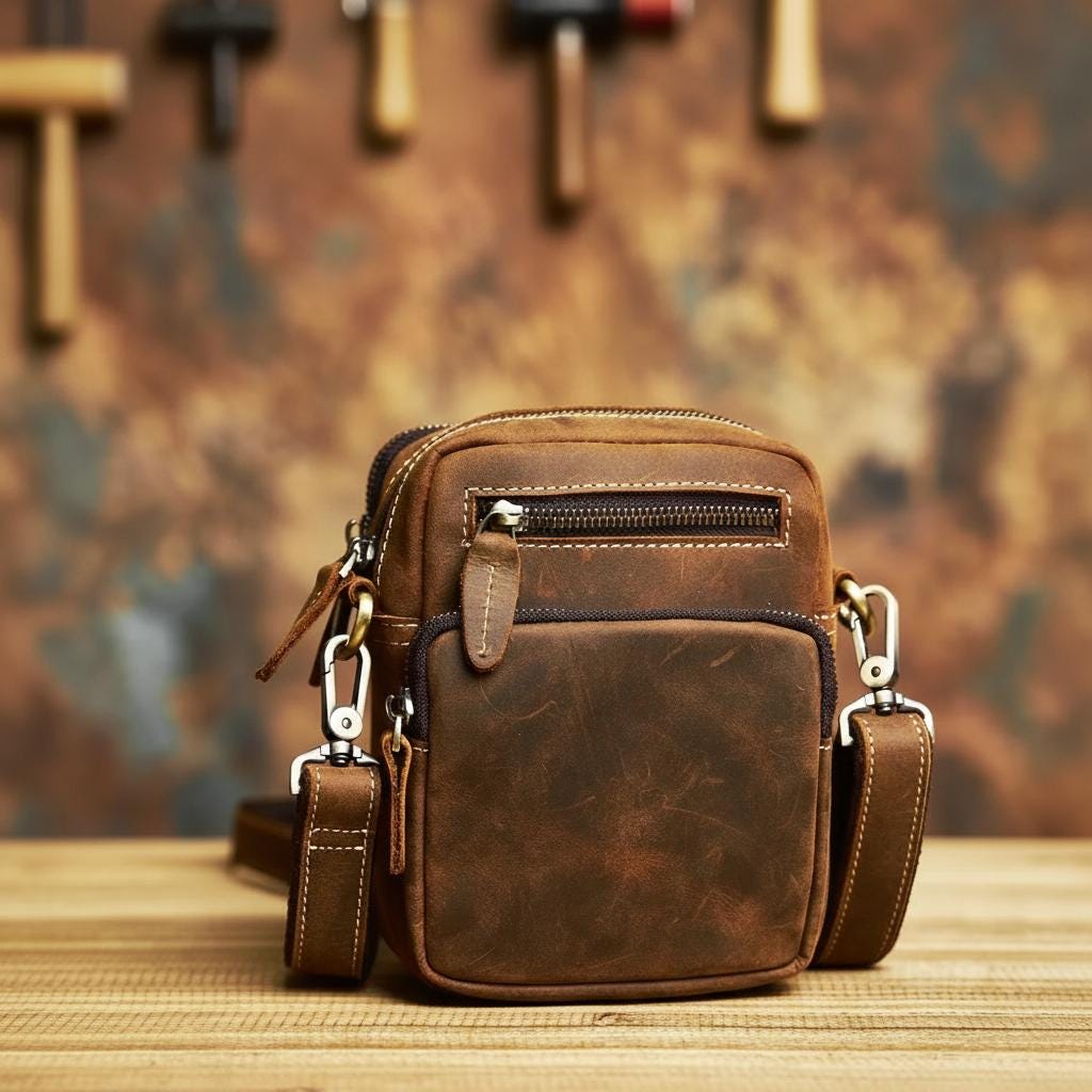 Genuine Leather Men's Crossbody Bag, Vintage Small Shoulder Satchel, Cowhide Phone Messenger Bag