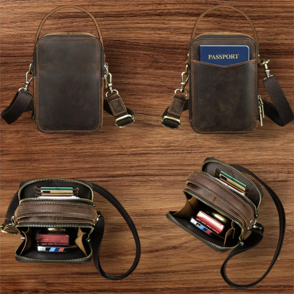 Leather Men's Crossbody Bag, Vintage Small Shoulder Phone Bag, Designer Cowhide Casual Satchel