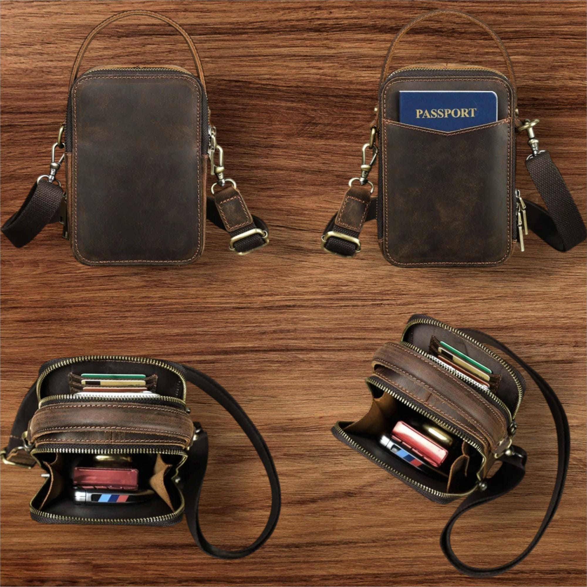 Leather Men's Crossbody Bag, Vintage Small Shoulder Phone Bag, Designer Cowhide Casual Satchel