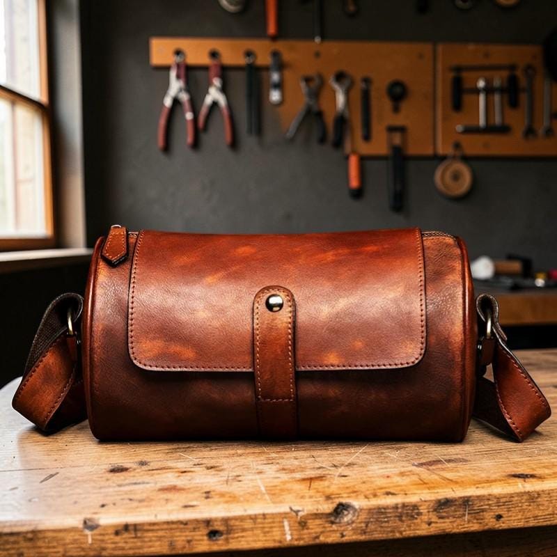 Vegetable Tanned Leather Cylinder Bag, Round Crossbody Satchel for Men and Women, Distressed Leather Drum Bag, Unisex Vintage Shoulder Bag
