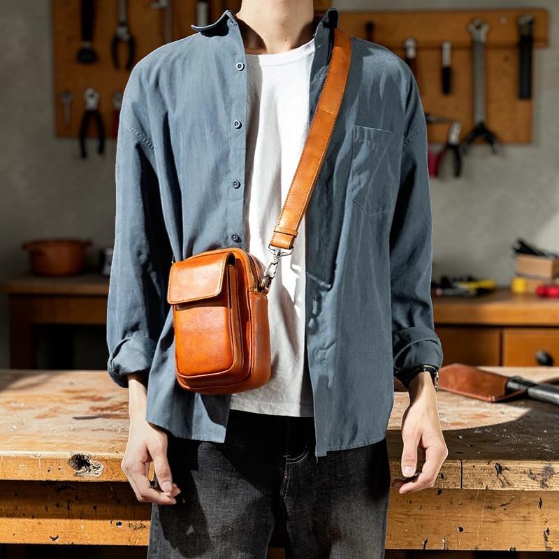 Vegetable Tanned Leather Shoulder Bag, Men's Crossbody Phone Bag, Vintage Leather Messenger, Small Satchel for Men, Minimalist Leather Pouch