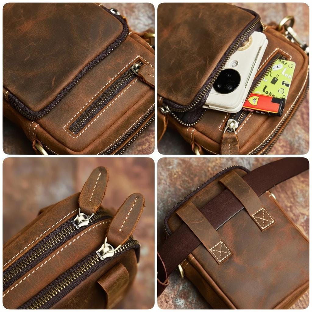 Genuine Leather Men's Crossbody Bag, Vintage Small Shoulder Satchel, Cowhide Phone Messenger Bag