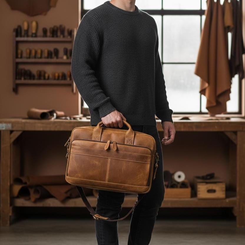Vintage Genuine Leather Laptop Briefcase 15.6" Mens Business Bag, Retro Cowhide Crazy Horse Leather Office Shoulder Messenger Bag
