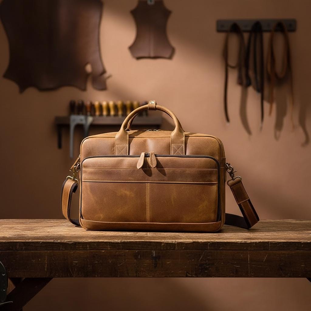 Vintage Genuine Leather Laptop Briefcase 15.6" Mens Business Bag, Retro Cowhide Crazy Horse Leather Office Shoulder Messenger Bag