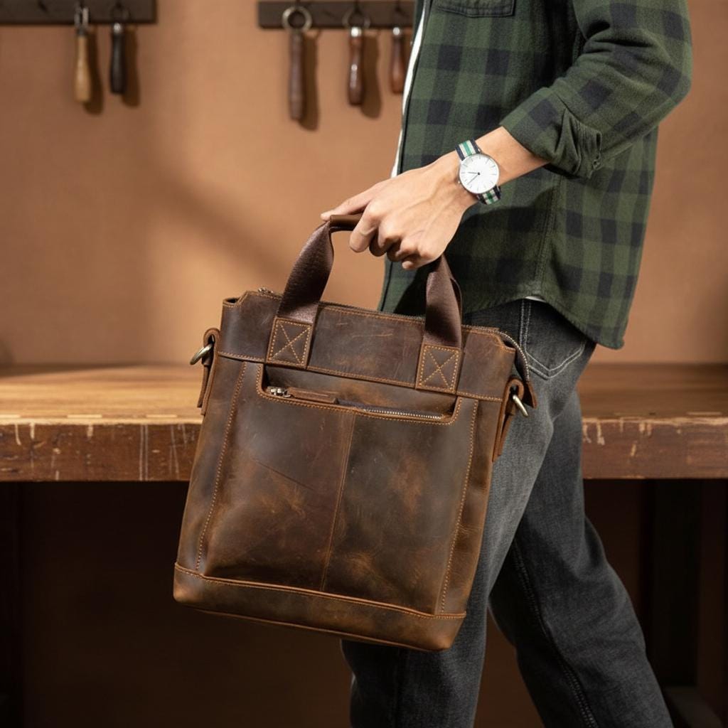 Men’s Crazy Horse Leather Tote Bag – Genuine Leather Laptop Shoulder Bag, Vintage Handmade Crossbody Business Briefcase