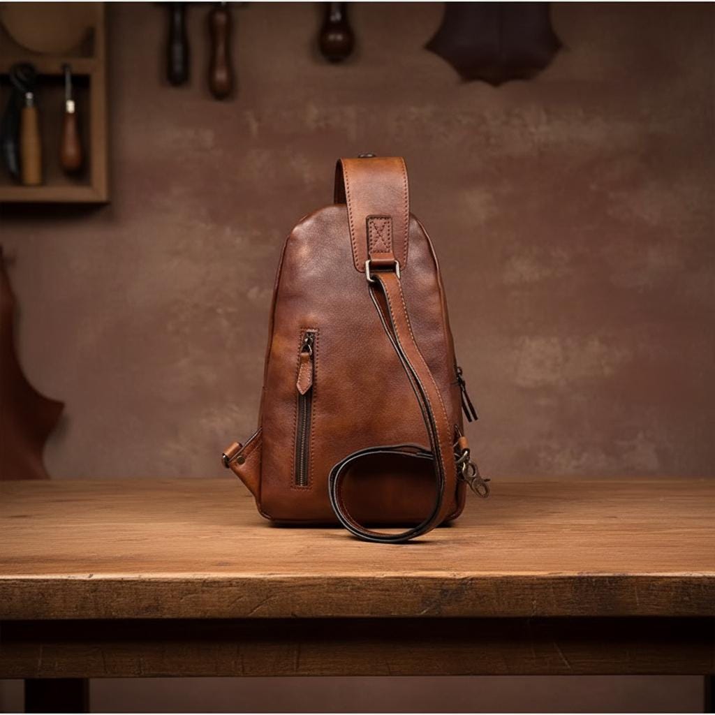 Vintage Genuine Leather Chest Bag for Men, Brown Crossbody Sling Bag, Retro Shoulder Backpack, Travel Cycling Body Bag