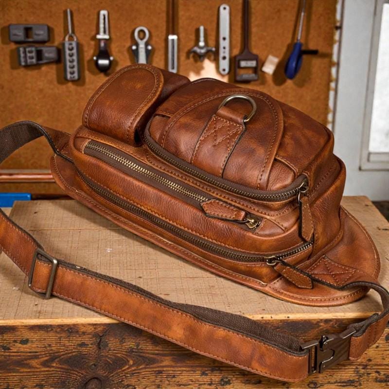 Vegetable Tanned Leather Chest Bag, Men's Crossbody Waist Pack, Vintage Leather Fanny Pack, Rustic Shoulder Sling Bag, Travel Hip Bag