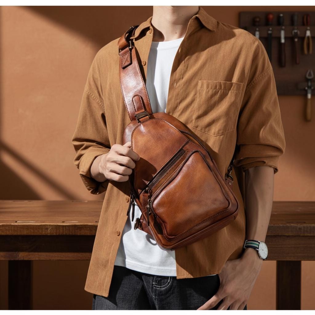 Vintage Genuine Leather Chest Bag for Men, Brown Crossbody Sling Bag, Retro Shoulder Backpack, Travel Cycling Body Bag
