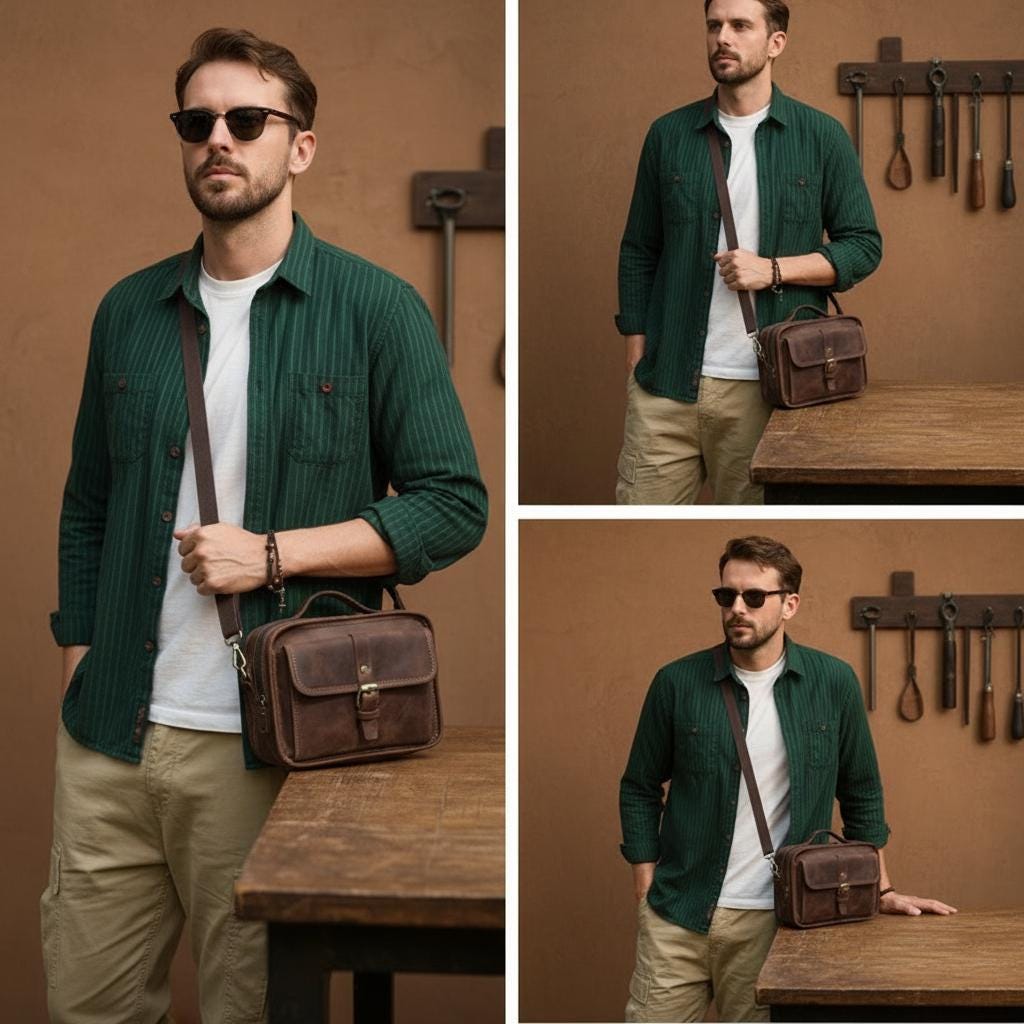 Crazy Horse Genuine Leather Crossbody Bag for Men – Vintage Brown Shoulder Messenger Bag for iPad, Small Business Travel Satchel