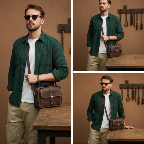 Crazy Horse Genuine Leather Crossbody Bag for Men – Vintage Brown Shoulder Messenger Bag for iPad, Small Business Travel Satchel