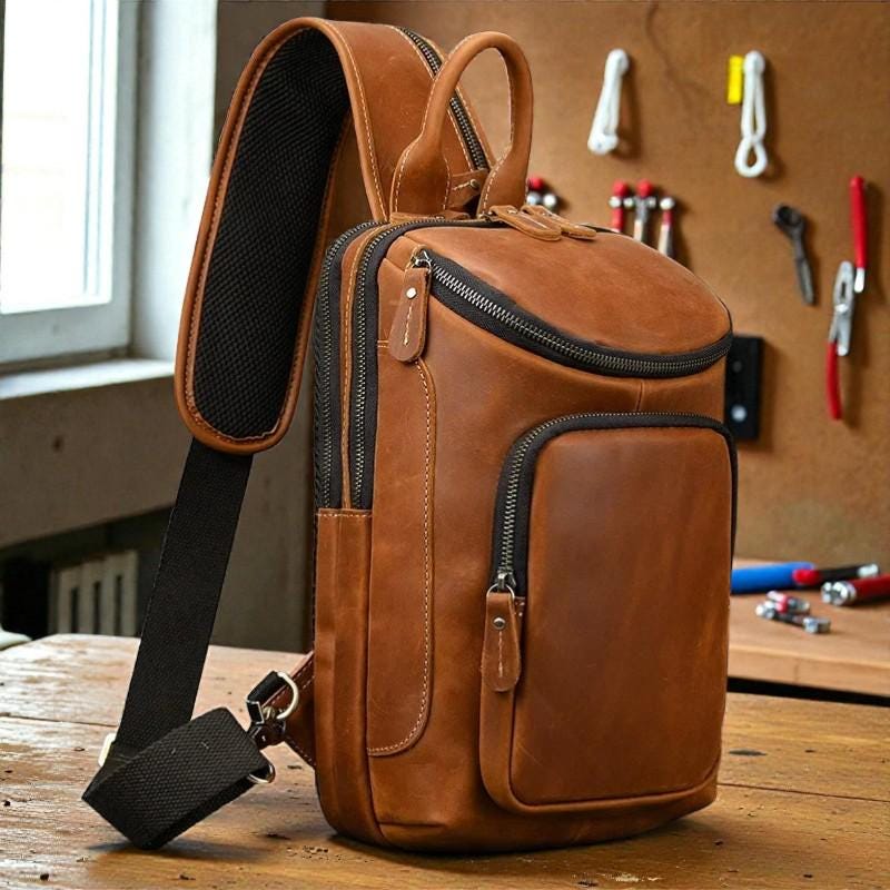 Genuine Leather Chest Bag for Men – Vintage Crazy Horse Sling Backpack Crossbody Travel EDC Shoulder Bag
