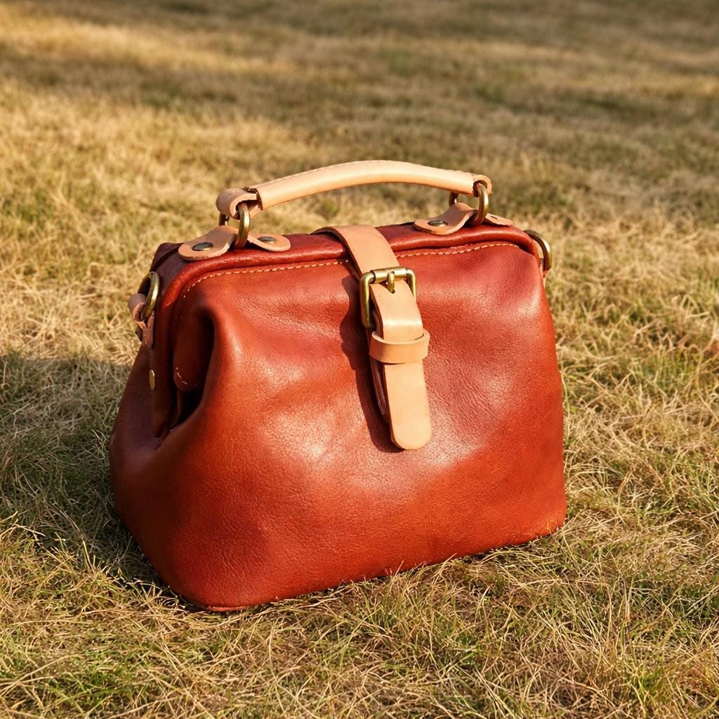 Genuine Leather Doctor Bag for Women, Vintage Handmade Cowhide Handbag, Retro Structured Shoulder Purse