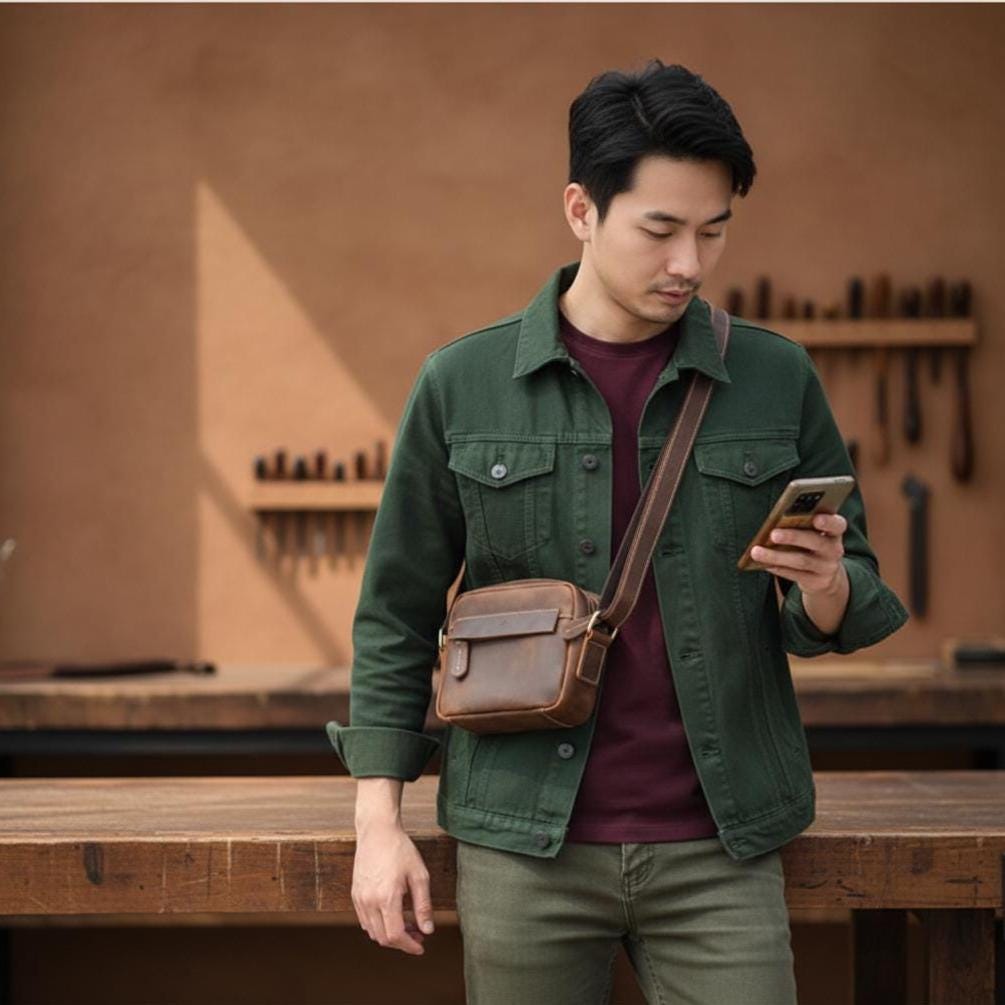 Vintage Crazy Horse Leather Crossbody Bag for Men – Small Genuine Cowhide Organizer Shoulder Bag, Brown Everyday Travel Satchel