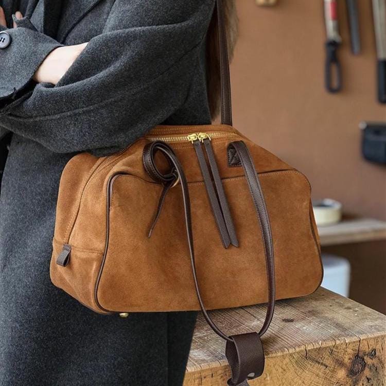Suede Leather Bowling Tote Bag for Women – Chic Shoulder Handbag