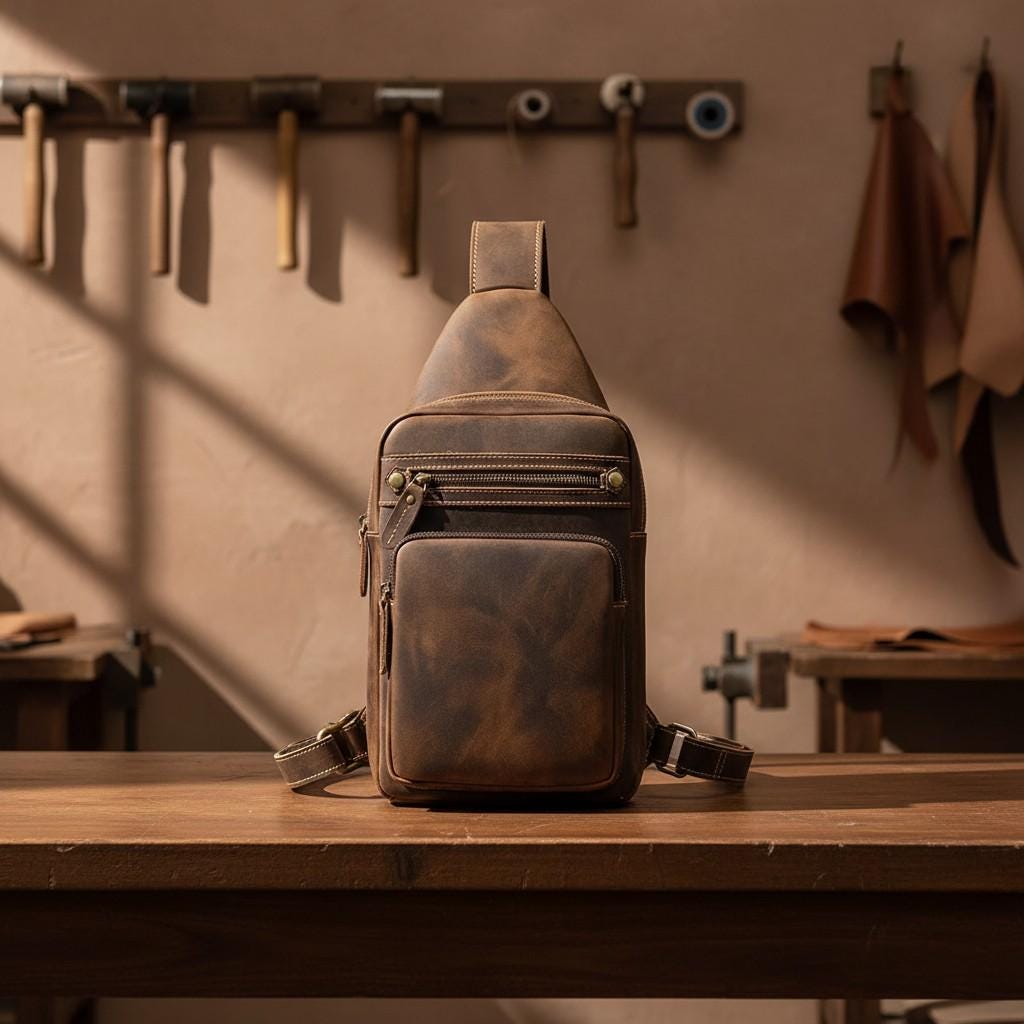 Genuine Leather Chest Bag Men, Crazy Horse Leather Sling Bag, Vintage Crossbody Bag, Mens Shoulder Bag, Travel EDC Pack