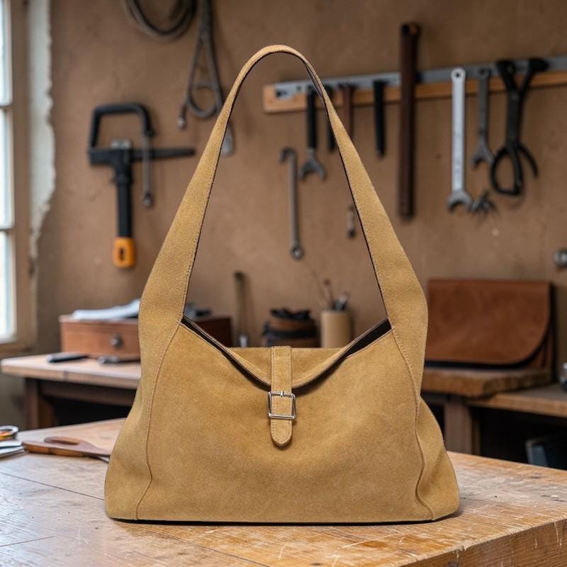 Natural Suede Leather Shoulder Bag for Women – Soft Cowhide Hobo Purse