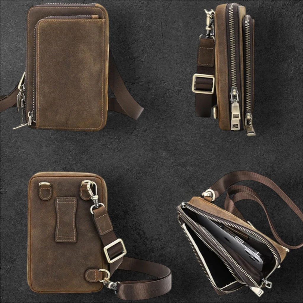 Leather Men's Crossbody Bag, Vintage Small Phone Shoulder Bag, Genuine Cowhide Waist Pack