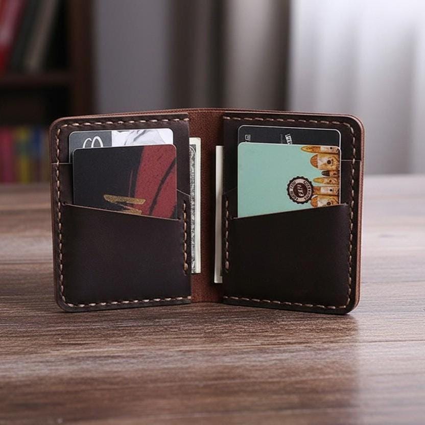 Vintage Crazy Horse Leather Card Holder for Men, Handmade Genuine Cowhide Slim Wallet, Minimalist Business Credit Card Case
