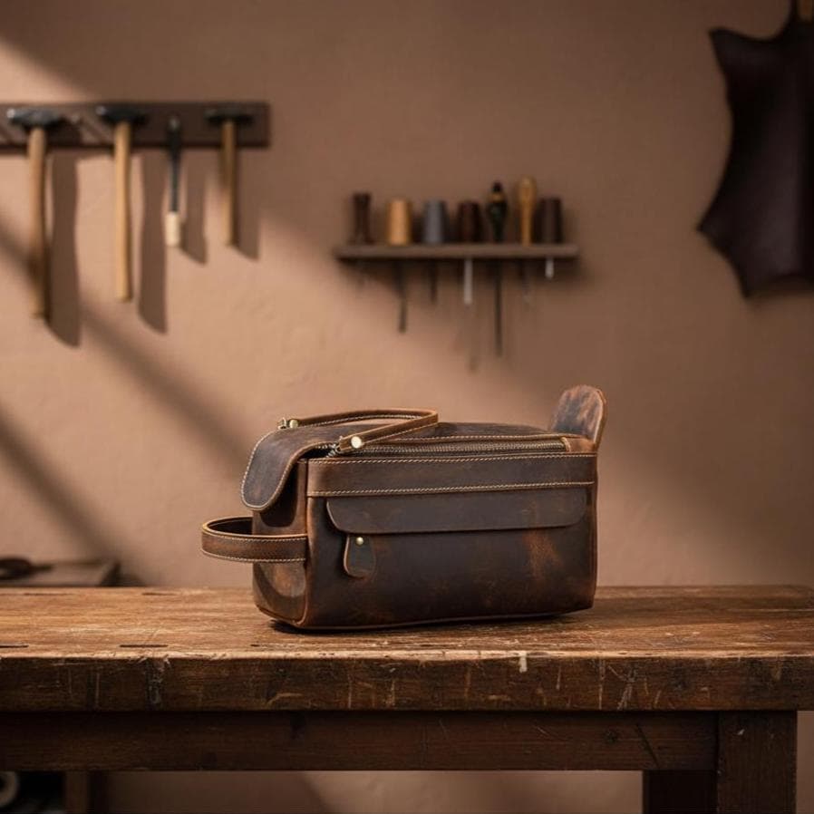 Horse Leather Travel Toiletry Bag, Vintage Genuine Leather Clutch Pouch, Unisex Dopp Kit Organizer